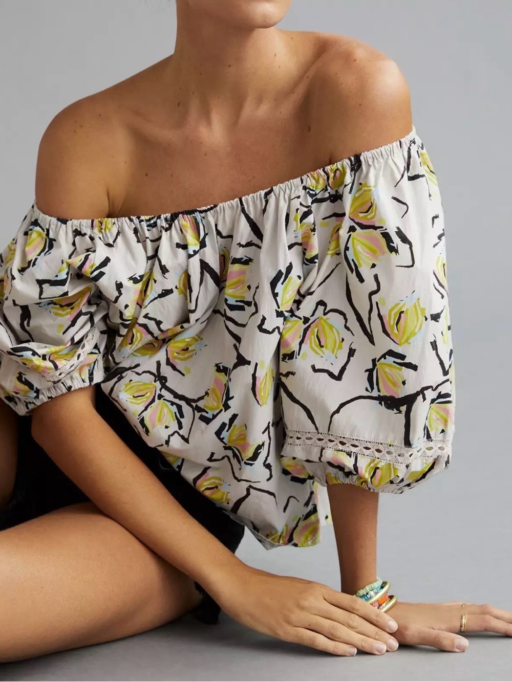 Velvet by Graham & Spencer Off-Shoulder Floral Top in White and Yellow
